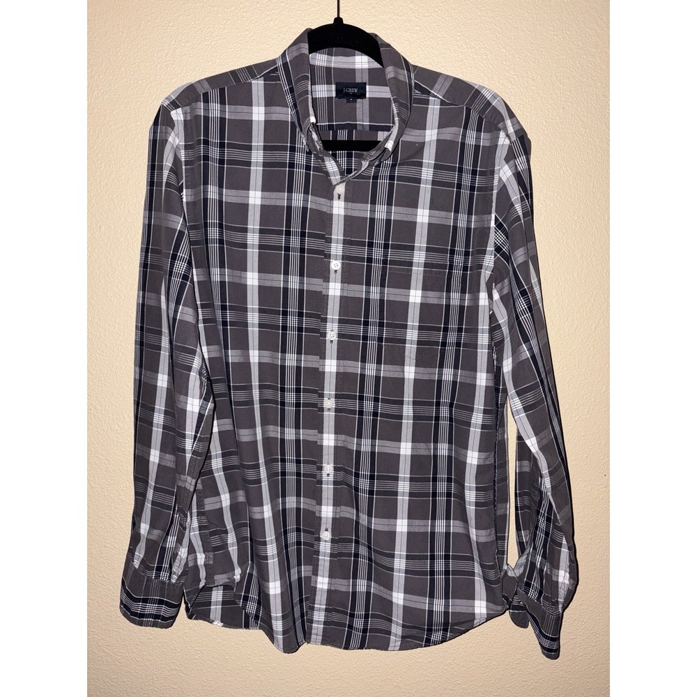 J Crew mens M Shirt Long sleeve  button plaid Gray Black White 100% Cotton